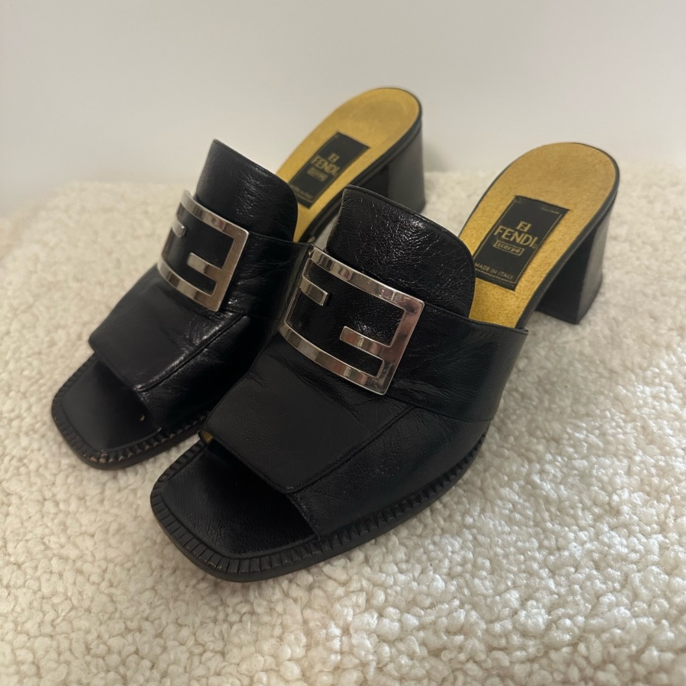 Vintage Fendi Black Leather Sandals 37.5 (Fits 7)